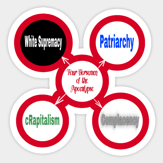 Four Horsemen of the Apocalypse White Supremacy Patriarchy cRapitalism Complacency Sticker by WarriorGoddessForTheResistance